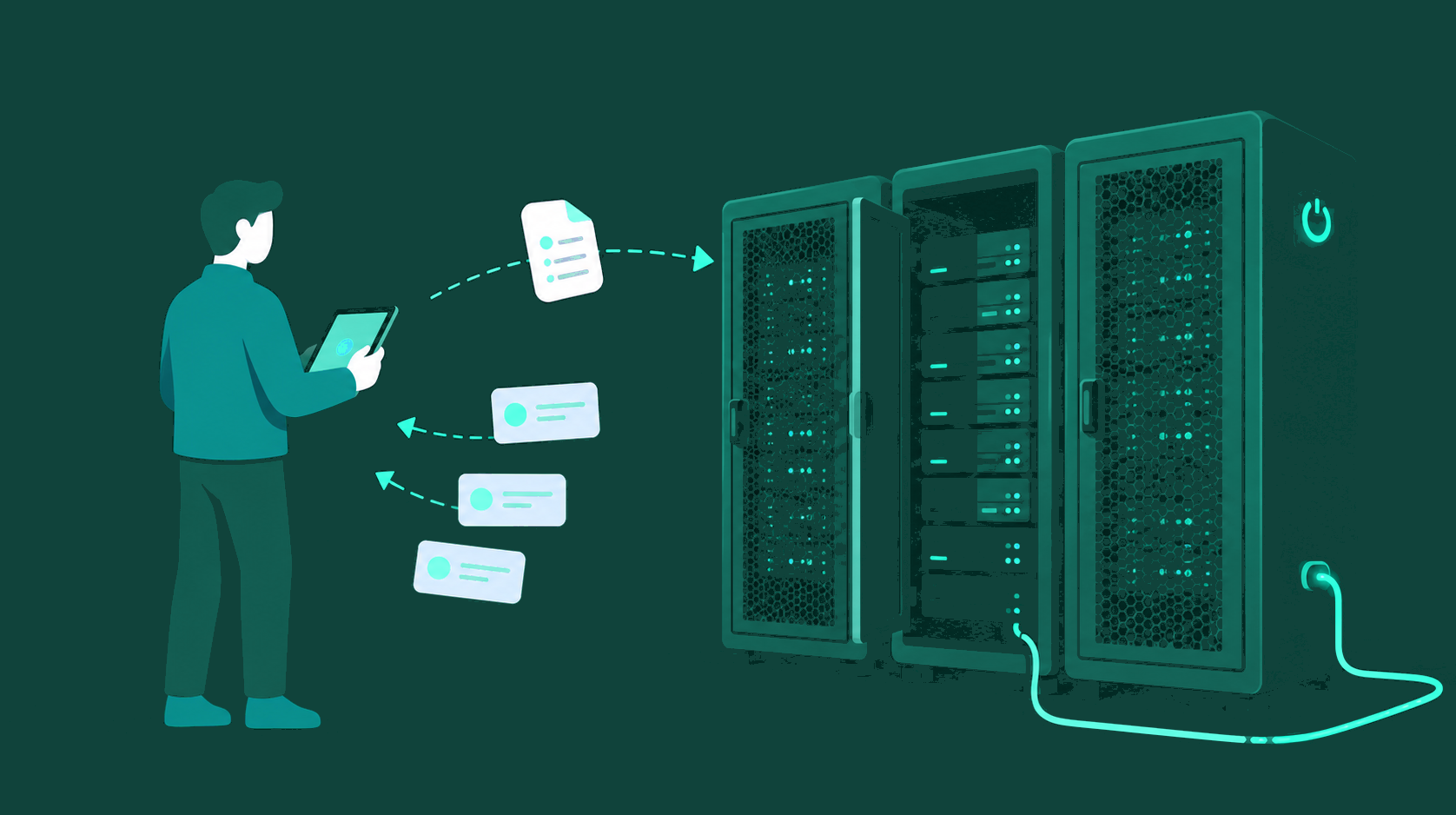A buyer with a tablet sends one request toward a row of data-centre cabinets and several quotes come back