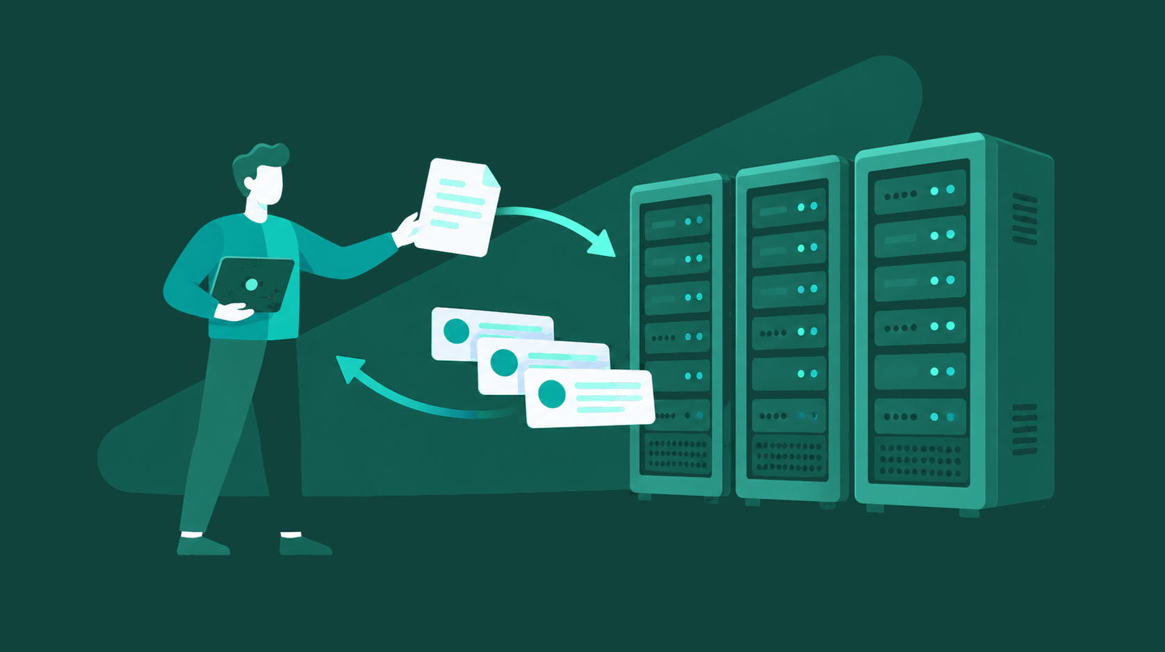 A buyer sends one request toward a row of dedicated server cabinets and several quotes come back