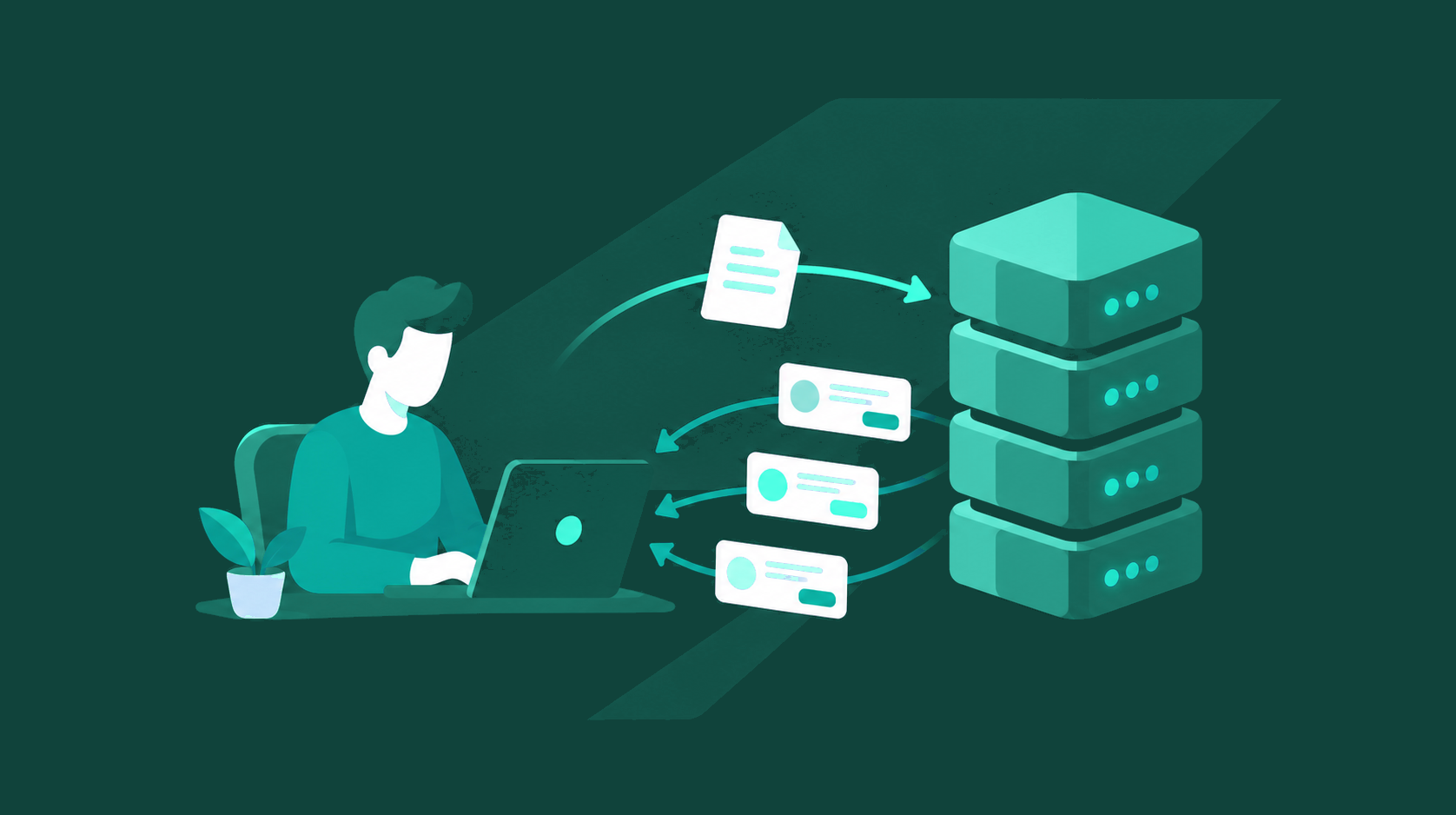 A buyer at a laptop sends one request to a VPS server stack and several quotes come back